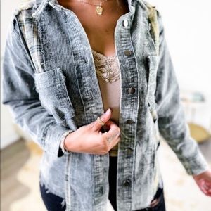 POL Green Corduroy Plaid Shacket patchwork Medium